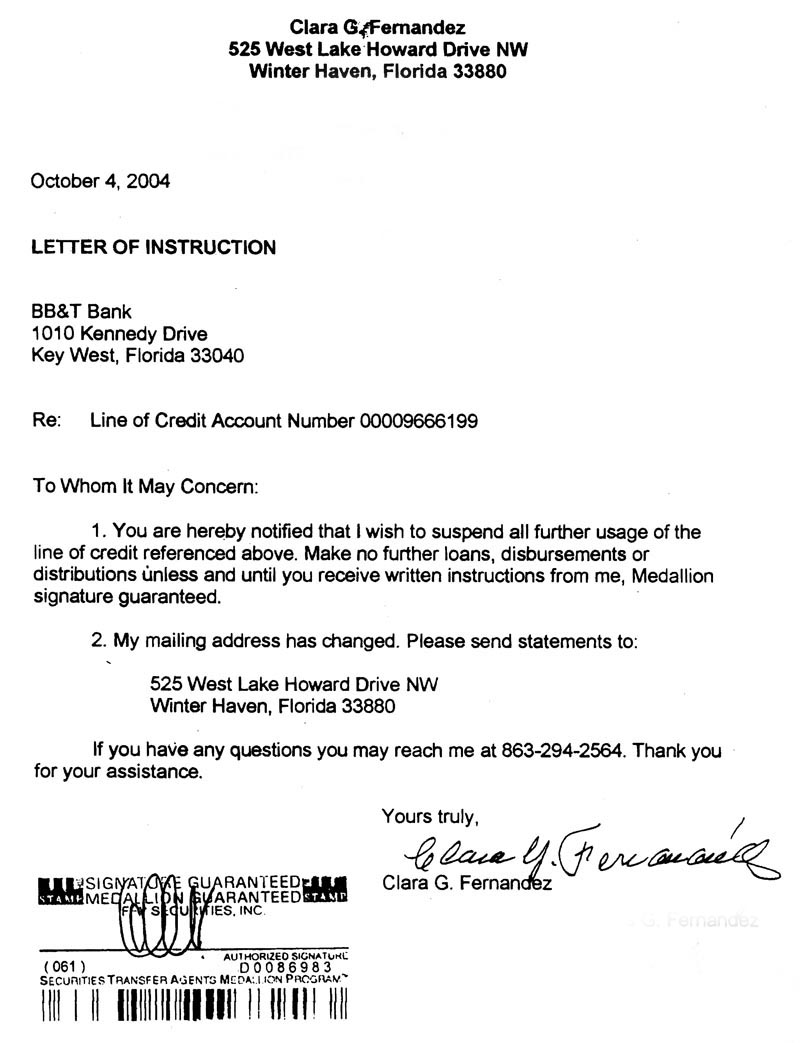 Clara G Fernandez CLARA S MEDALLION SIGNATURE GUARANTEE REQUEST WTIH 